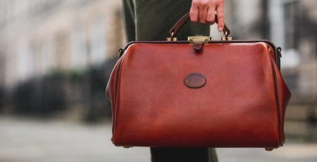 Travel leather Gladstone briefcase bag, British design in Italian soft hide matt brown colour.